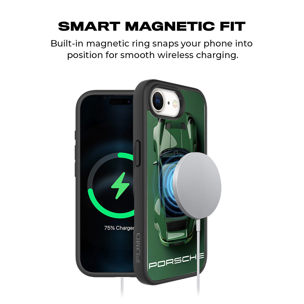 Dark Green Porsche 3D Skin with Shockguard Armour Magsafe Case for Apple iPhone 16E