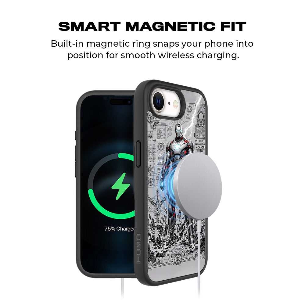Armored Avenger Reforged in Silver Fire Comics 3D Skin with Shockguard Armour Magsafe Case for Apple iPhone 16E