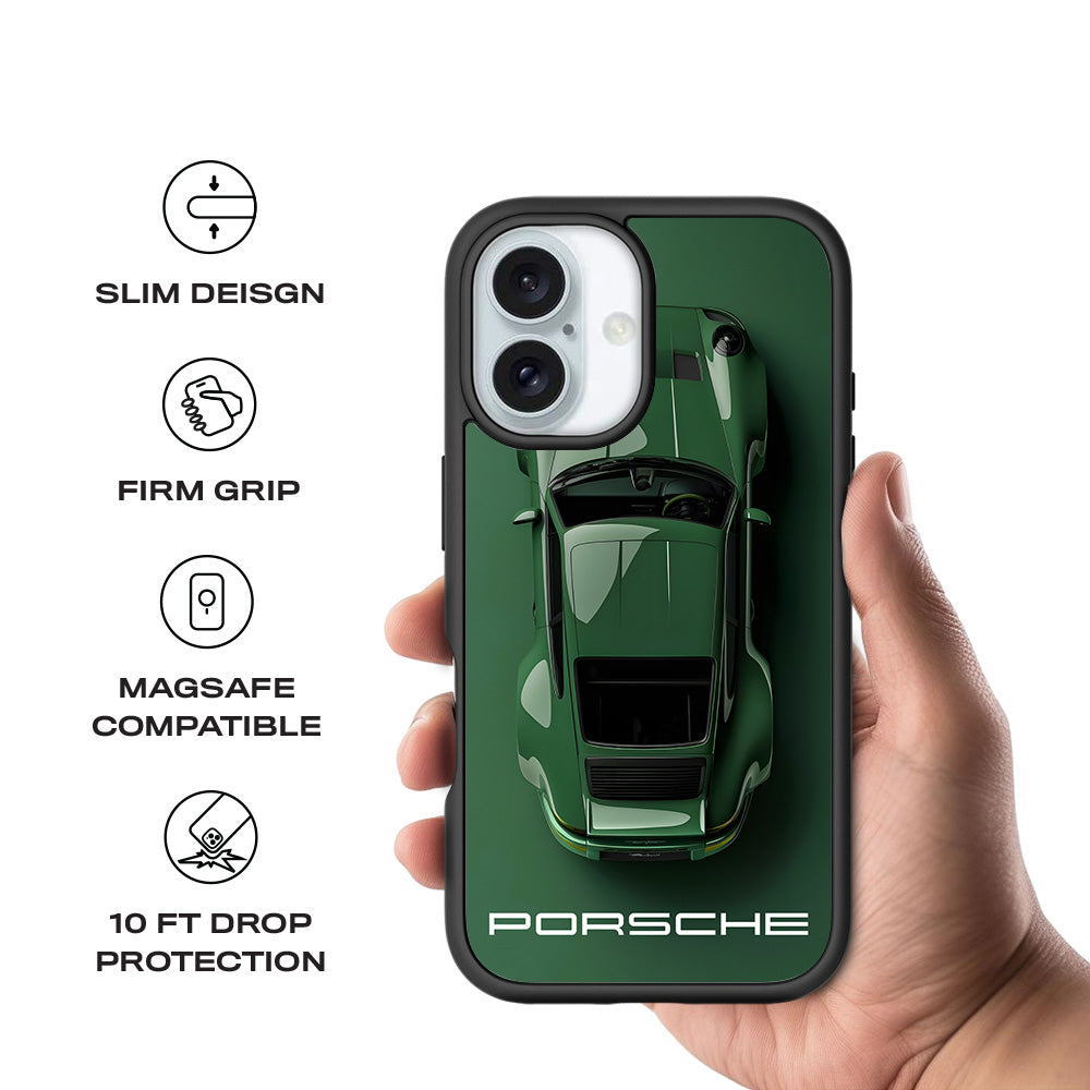 Dark Green Porsche 3D Skin with Shockguard Armour Magsafe Case for Apple iPhone 16