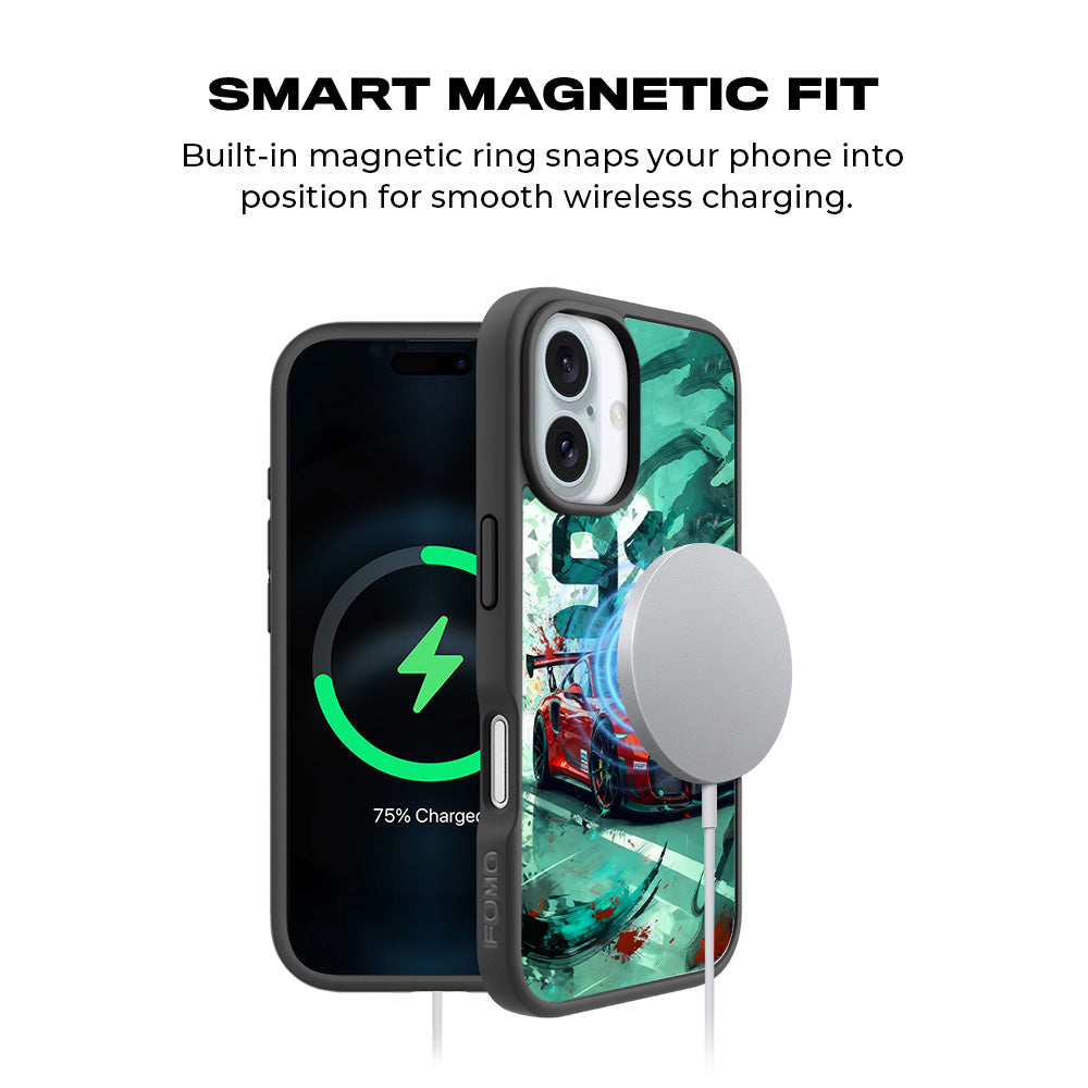 Red Porsche GT 911 3D Skin with Shockguard Armour Magsafe Case for Apple iPhone 16 Plus