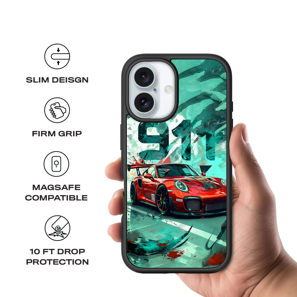 Red Porsche GT 911 3D Skin with Shockguard Armour Magsafe Case for Apple iPhone 16 Plus