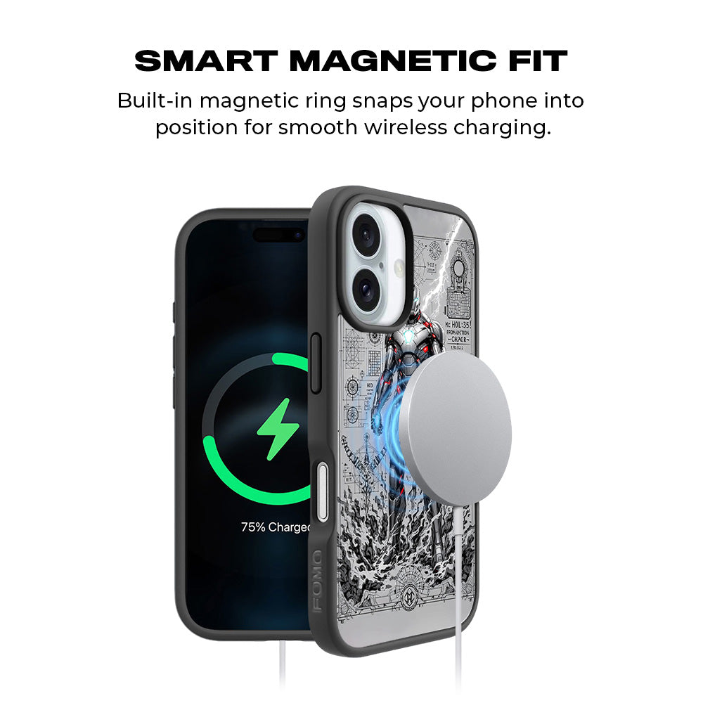 Armored Avenger Reforged in Silver Fire Comics 3D Skin with Shockguard Armour Magsafe Case for Apple iPhone 16