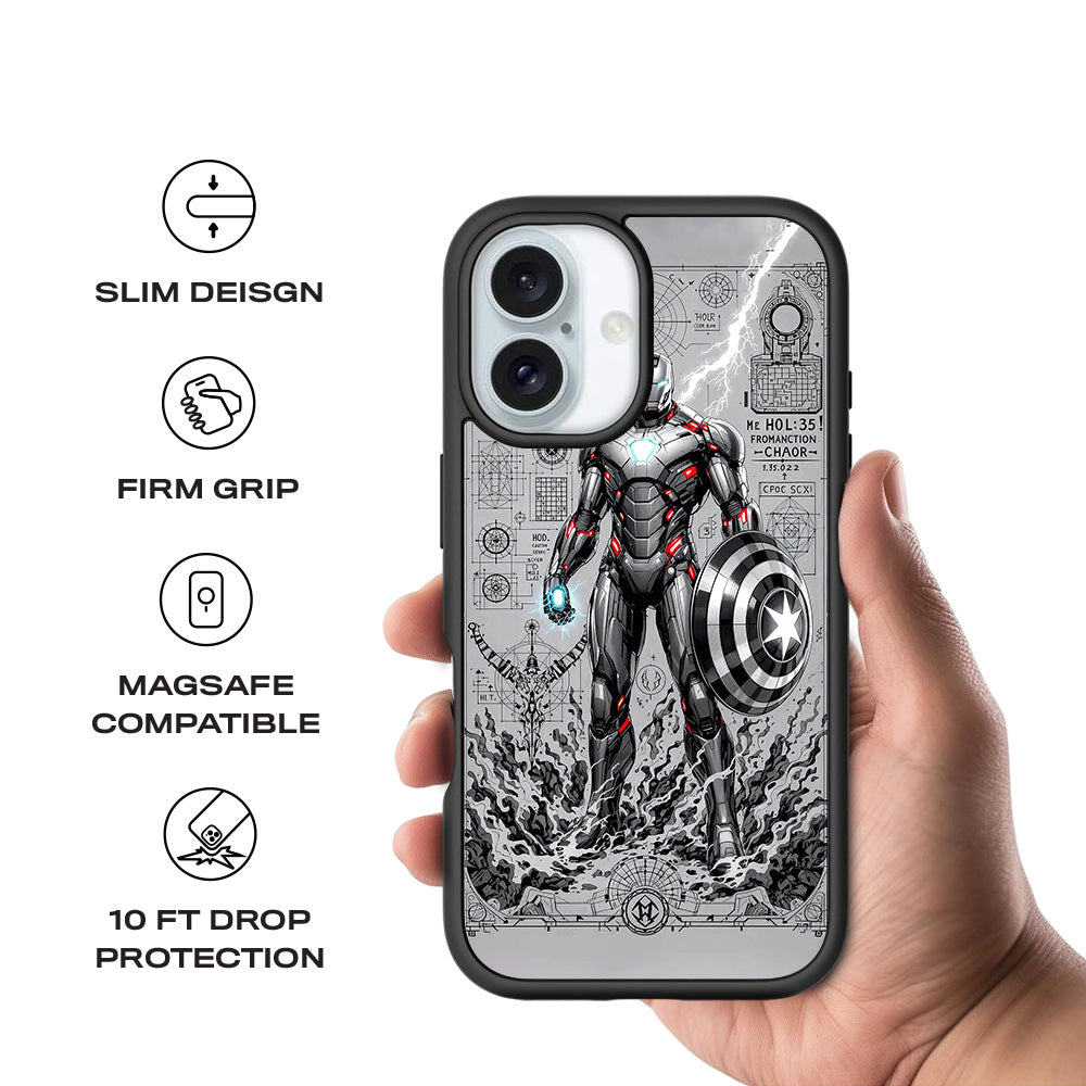 Armored Avenger Reforged in Silver Fire Comics 3D Skin with Shockguard Armour Magsafe Case for Apple iPhone 16