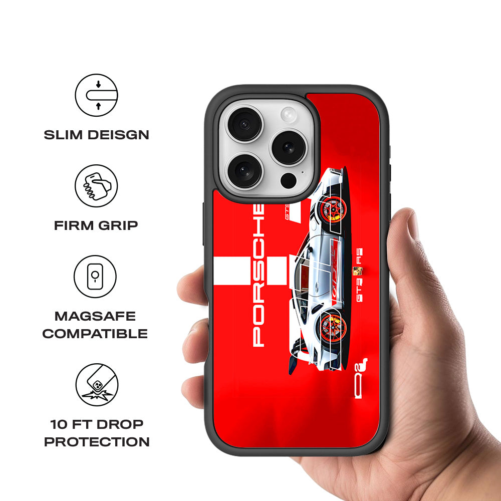 Porsche GT3 Silver Blaze 3D Skin with Shockguard Armour Magsafe Case for Apple iPhone 16 Pro