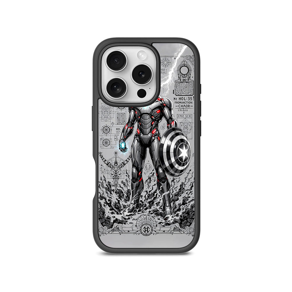 Armored Avenger Reforged in Silver Fire Comics 3D Skin with Shockguard Armour Magsafe Case for Apple iPhone 16 Pro