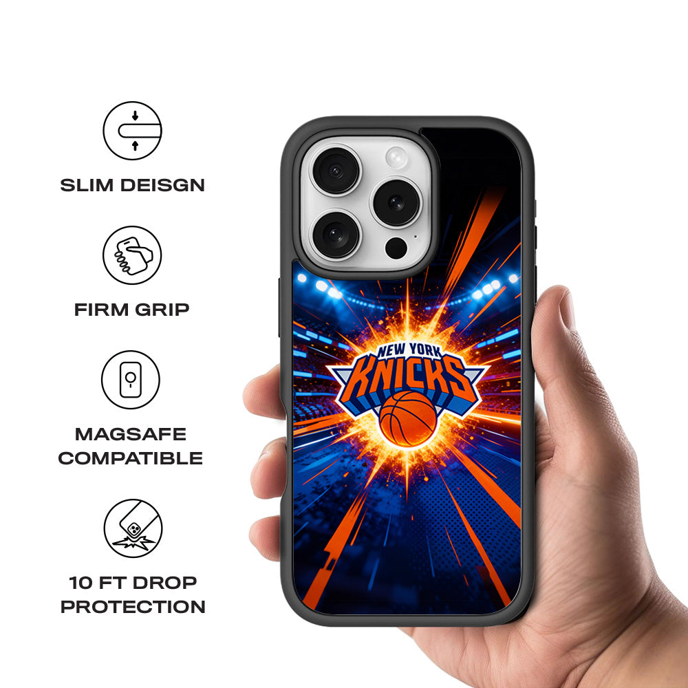 New York Knicks Arena Burst Sports 3D Skin with Shockguard Armour Magsafe Case for Apple iPhone 16 Pro