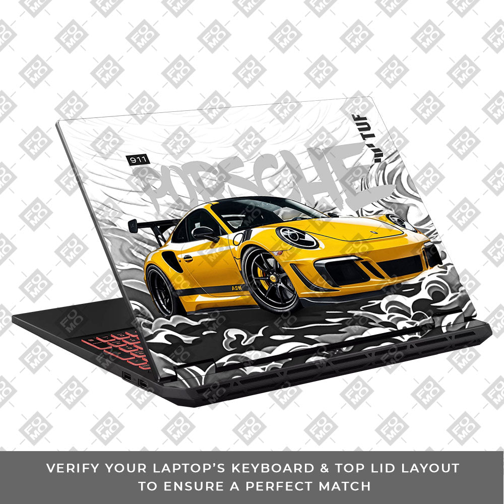 Porsche 911 Yellow Blaze Asus TUF Gaming A16 2025 Laptop Skin