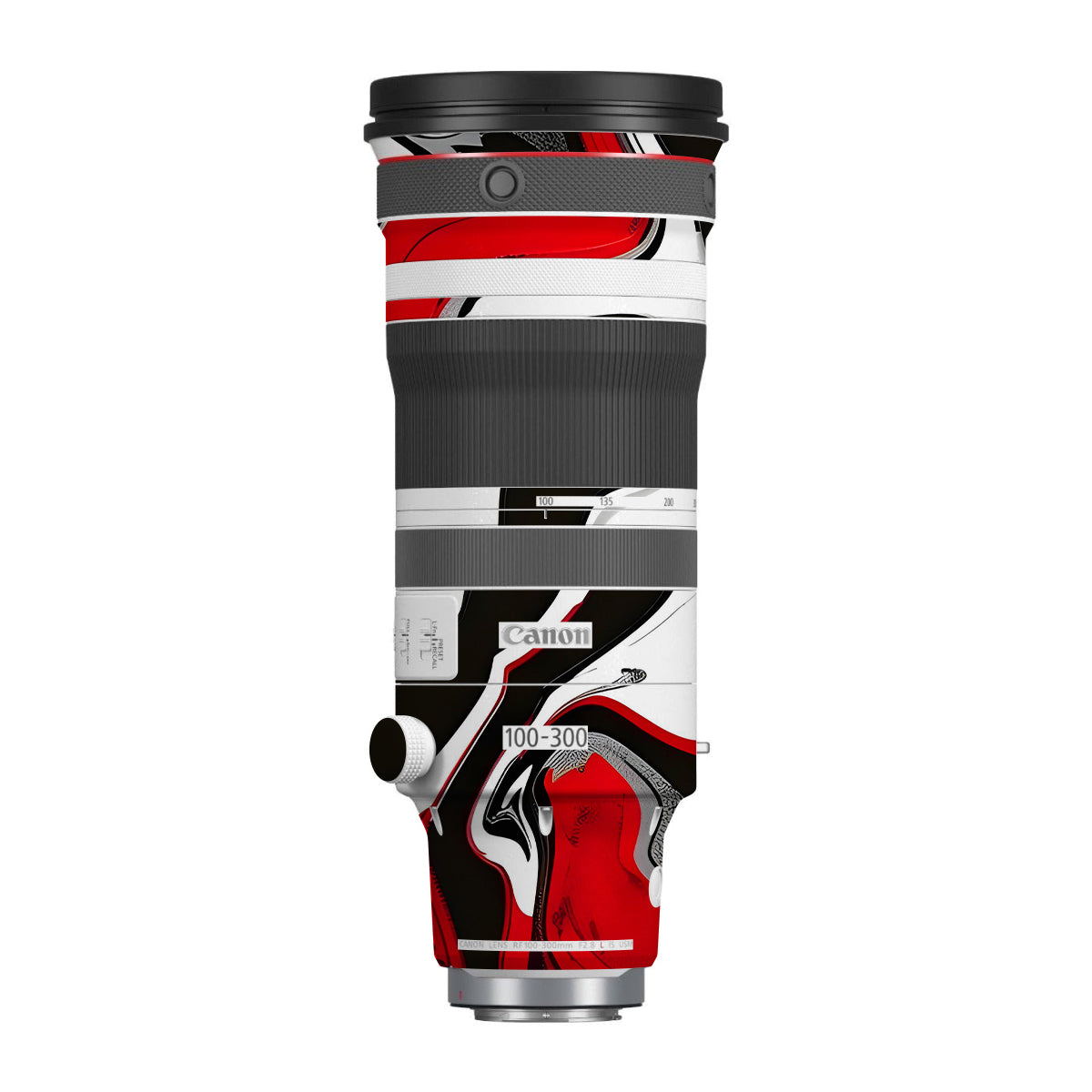 Scarlet and White Motion Canon RF 100-300mm F/2.8 L IS USM Camera Lens Skin
