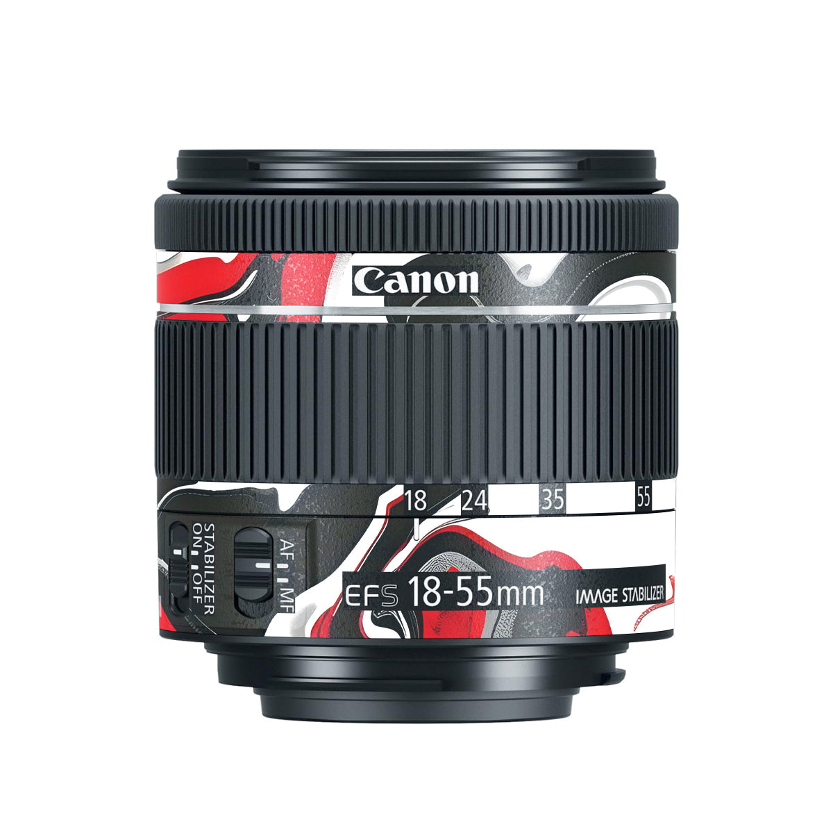Scarlet and White Motion Canon EF-S 18-55mm F/4-5.6 IS STM Camera Lens Skin