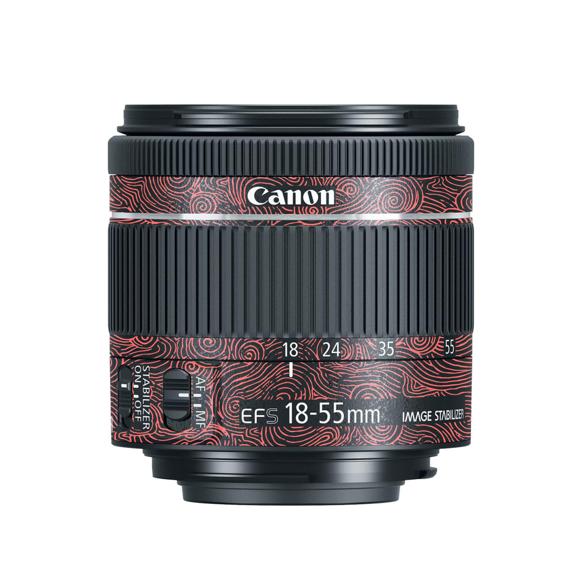 Red Spirals Canon EF-S 18-55mm F/4-5.6 IS STM Camera Lens Skin