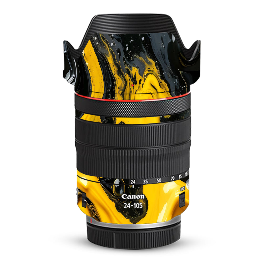 Yellow and Black Paint Swirls Canon RF 24–105mm f/4L IS USM Camera Lens Skin