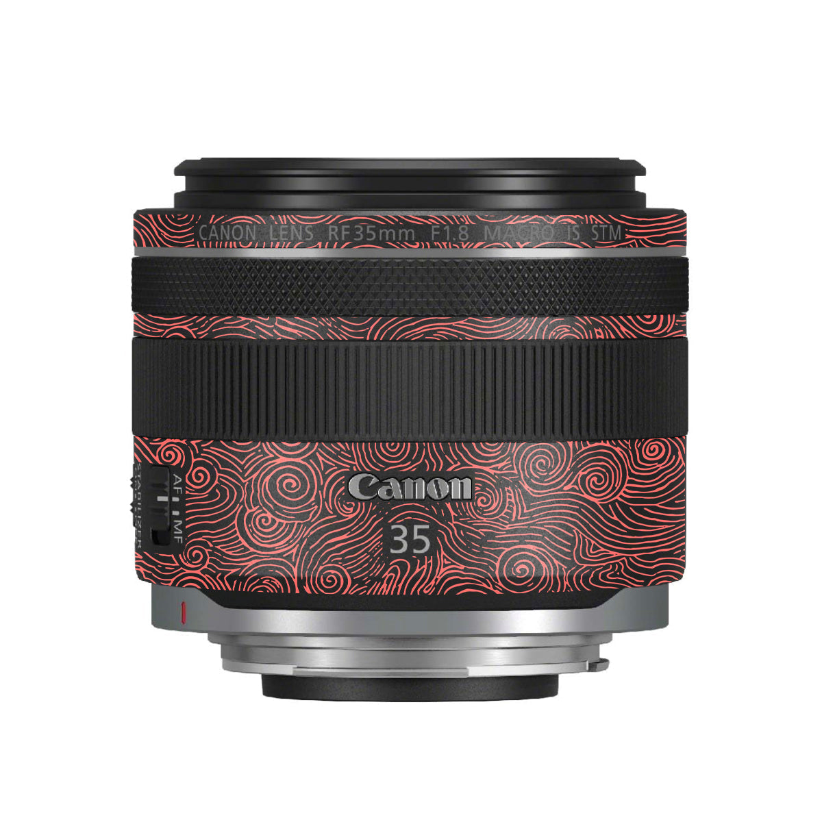 Red Spirals Canon RF 35mm F/1.8 Macro Camera Lens Skin