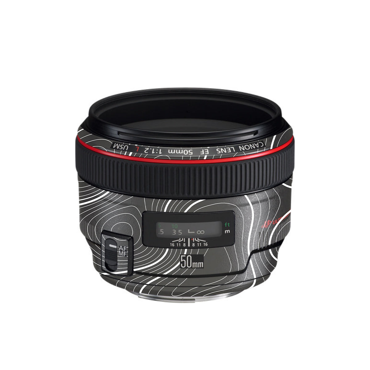 Grayscale Topographic Lines Canon EF 50mm F/1.2 L USM Camera Lens Skin