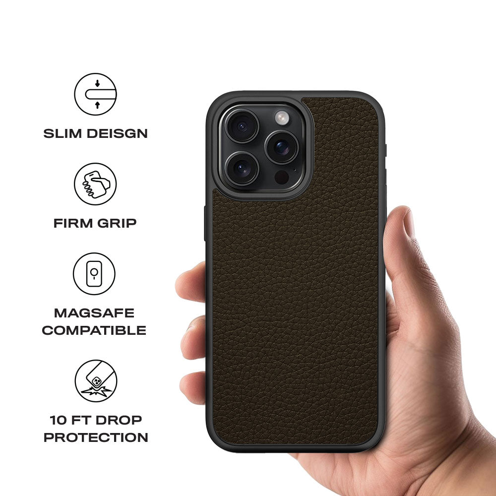 Brown Leather Textured Skin with Shockguard Armour Magsafe Case for Apple iPhone 15 Pro