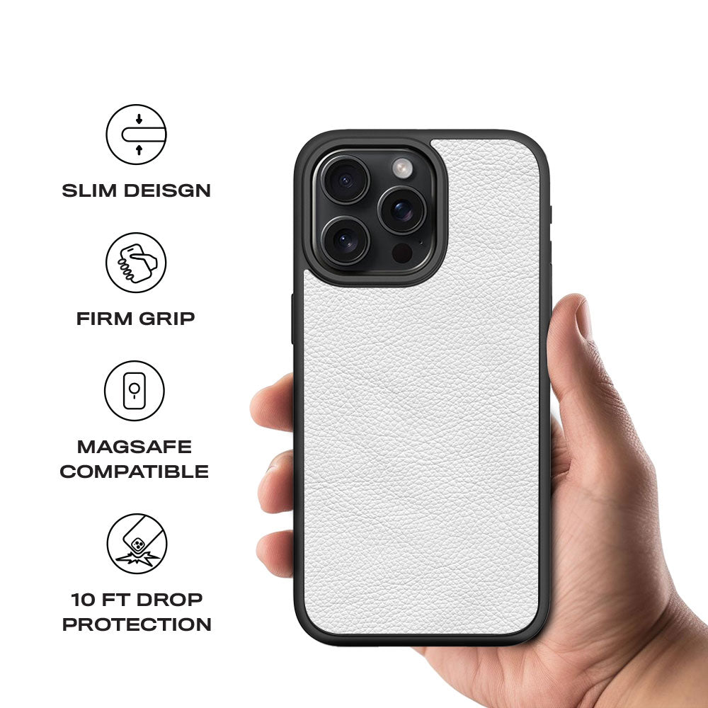 White Leather Textured Skin with Shockguard Armour Magsafe Case for Apple iPhone 15 Pro Max