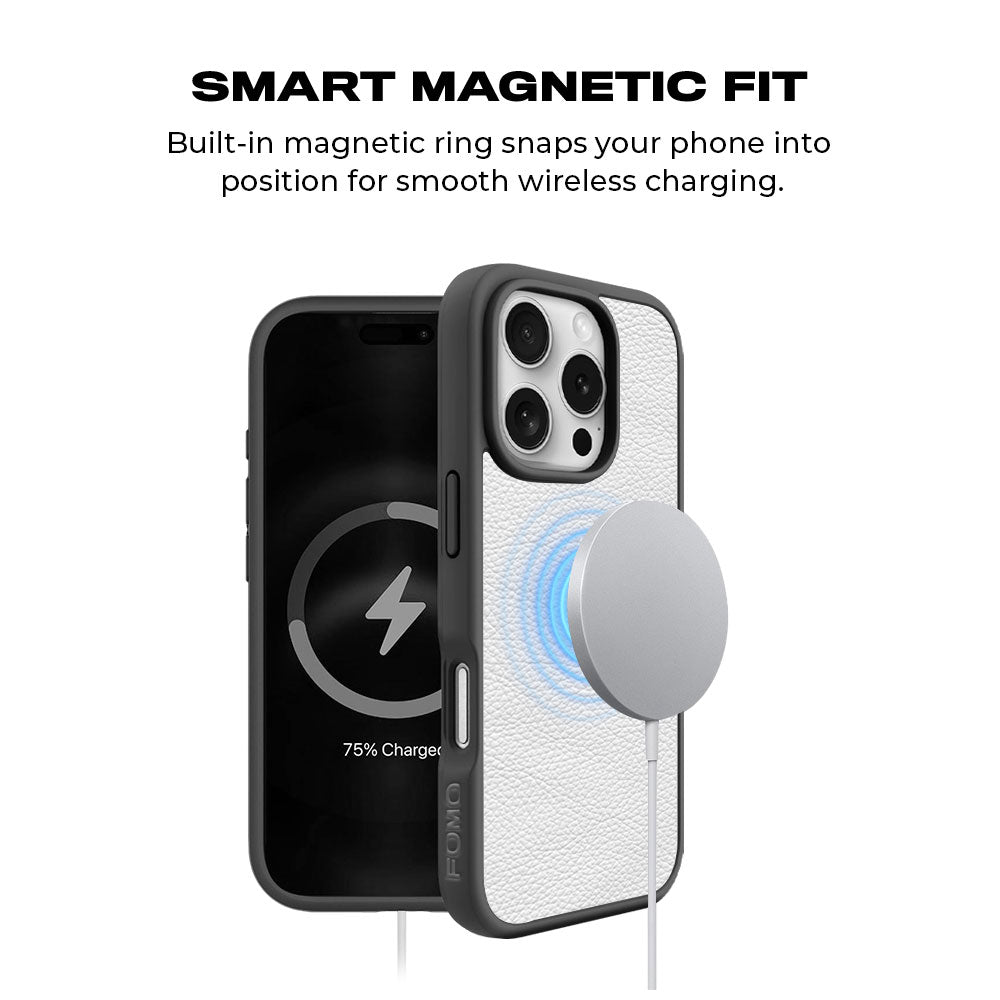 White Leather Textured Skin with Shockguard Armour Magsafe Case for Apple iPhone 16 Pro Max