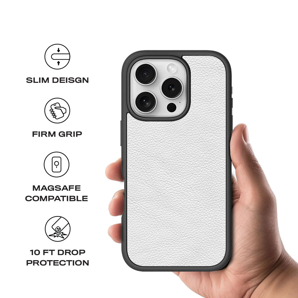 White Leather Textured Skin with Shockguard Armour Magsafe Case for Apple iPhone 16 Pro Max