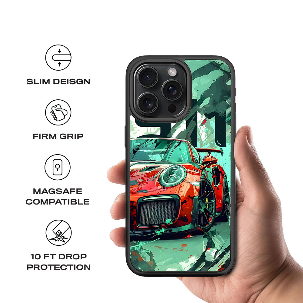 Red Porsche GT 911 Textured Skin with Shockguard Armour Magsafe Case for Apple iPhone 15 Pro