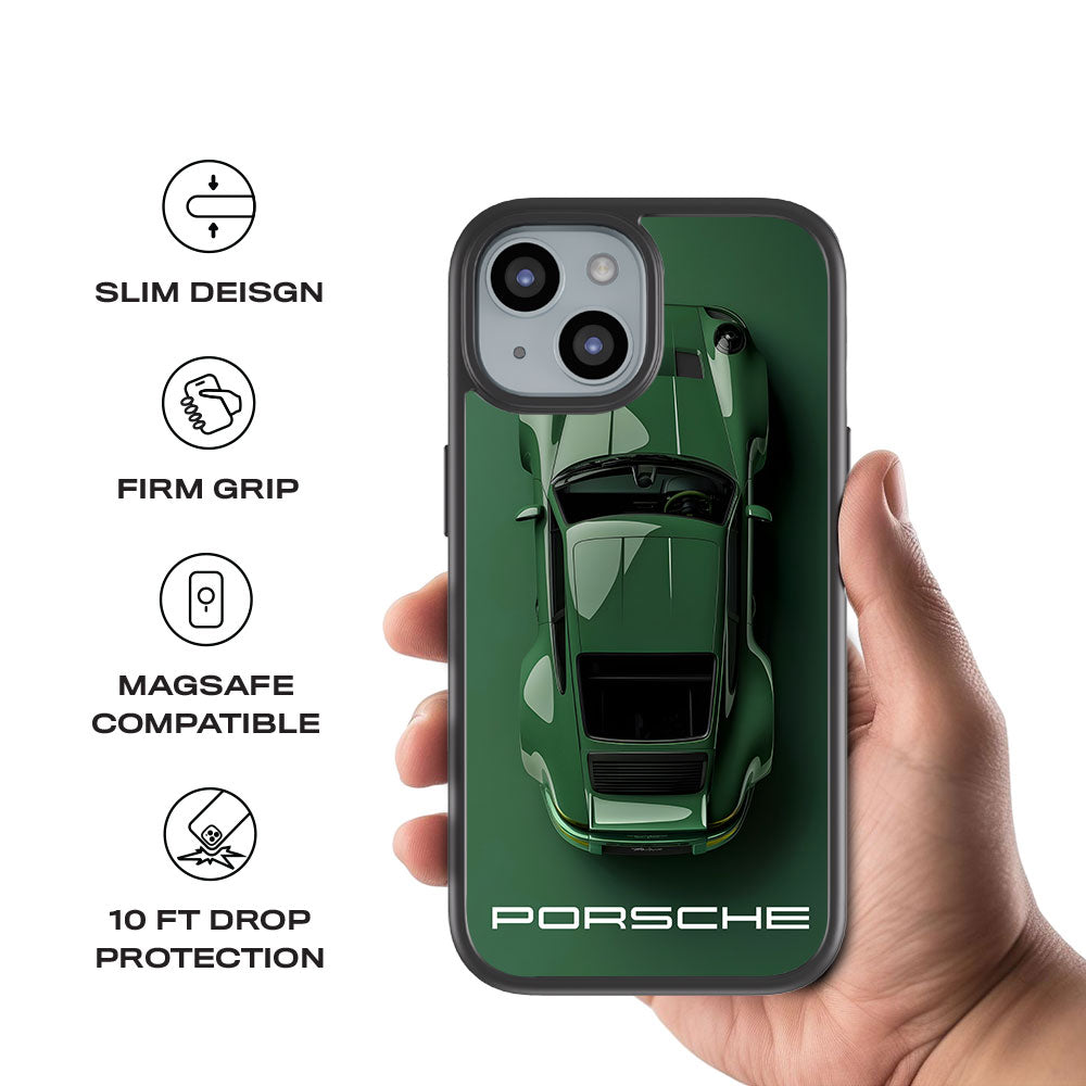 Dark Green Porsche Skin with Shockguard Armour Magsafe Case for Apple iPhone 15 Plus