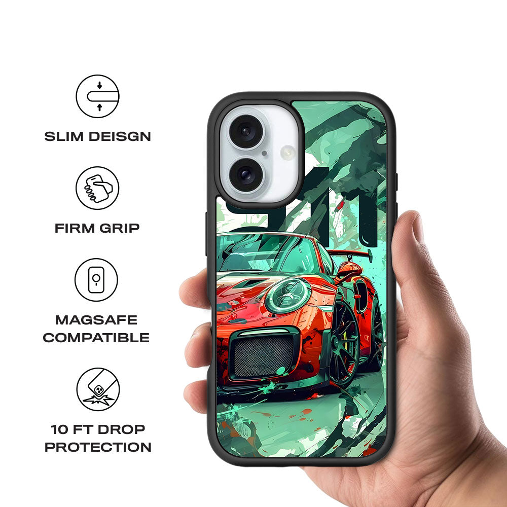 Red Porsche GT 911 Textured Skin with Shockguard Armour Magsafe Case for Apple iPhone 16 Plus