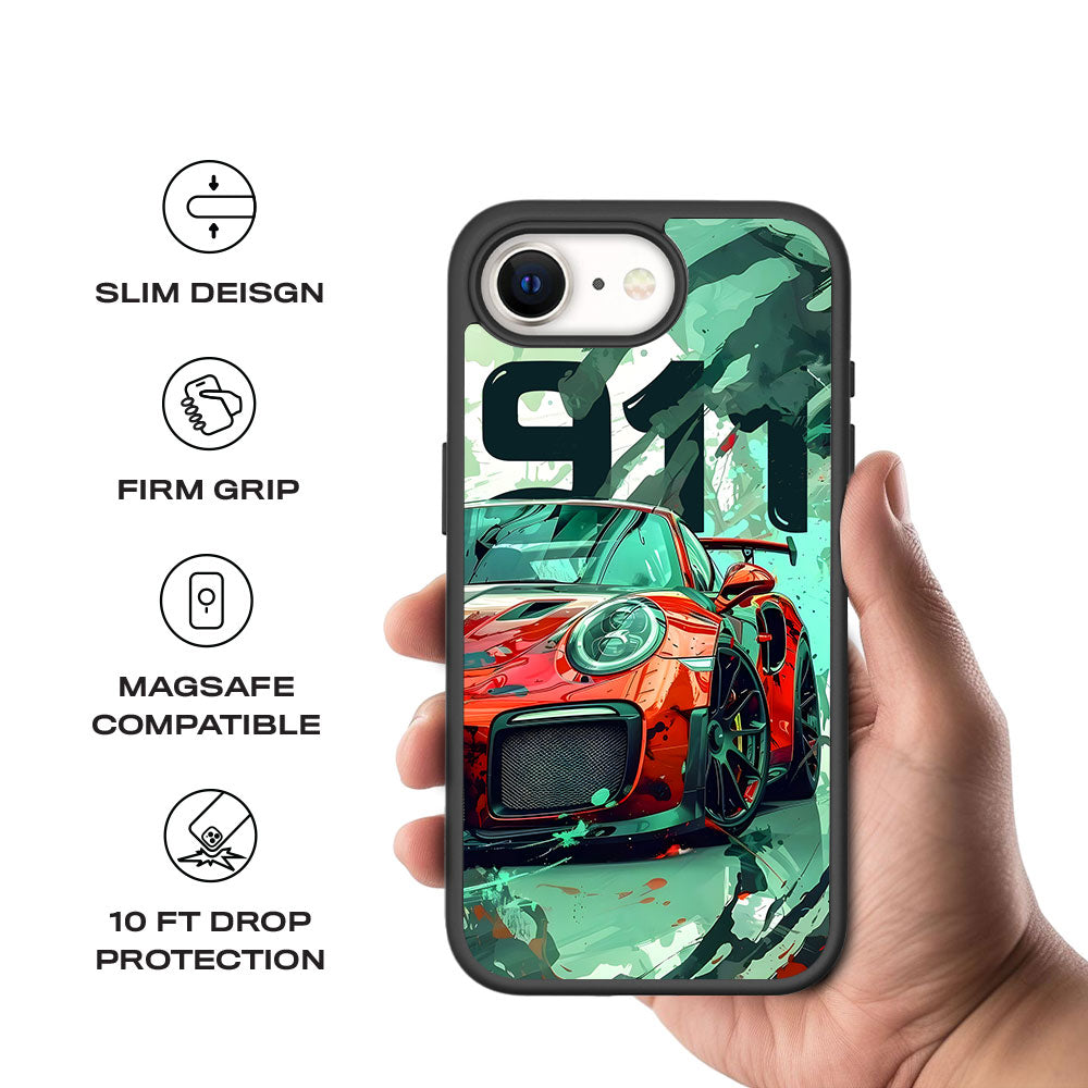 Red Porsche GT 911 Textured Skin with Shockguard Armour Magsafe Case for Apple iPhone 16E