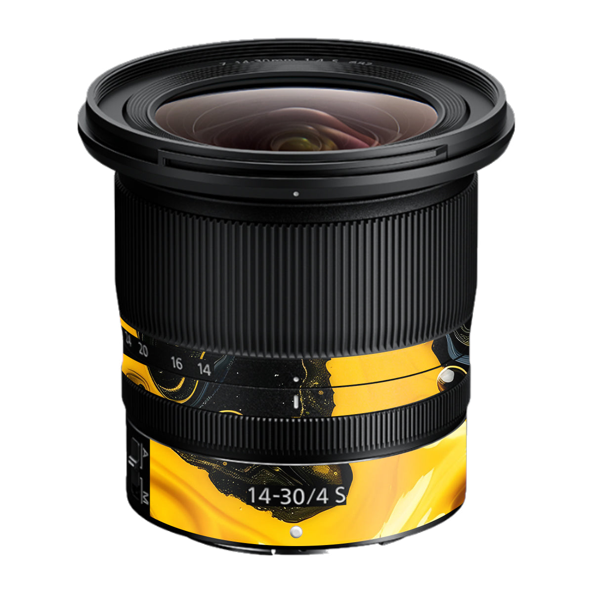 Yellow and Black Paint Swirls Nikon Nikkor Z 14-30mm F/4 S Camera Lens Skin