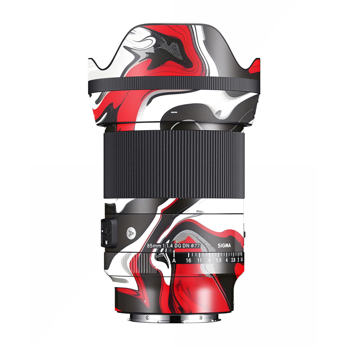Scarlet and White Motion Sigma 85mm F/1.4 DG DN E-mount Camera Lens Skin
