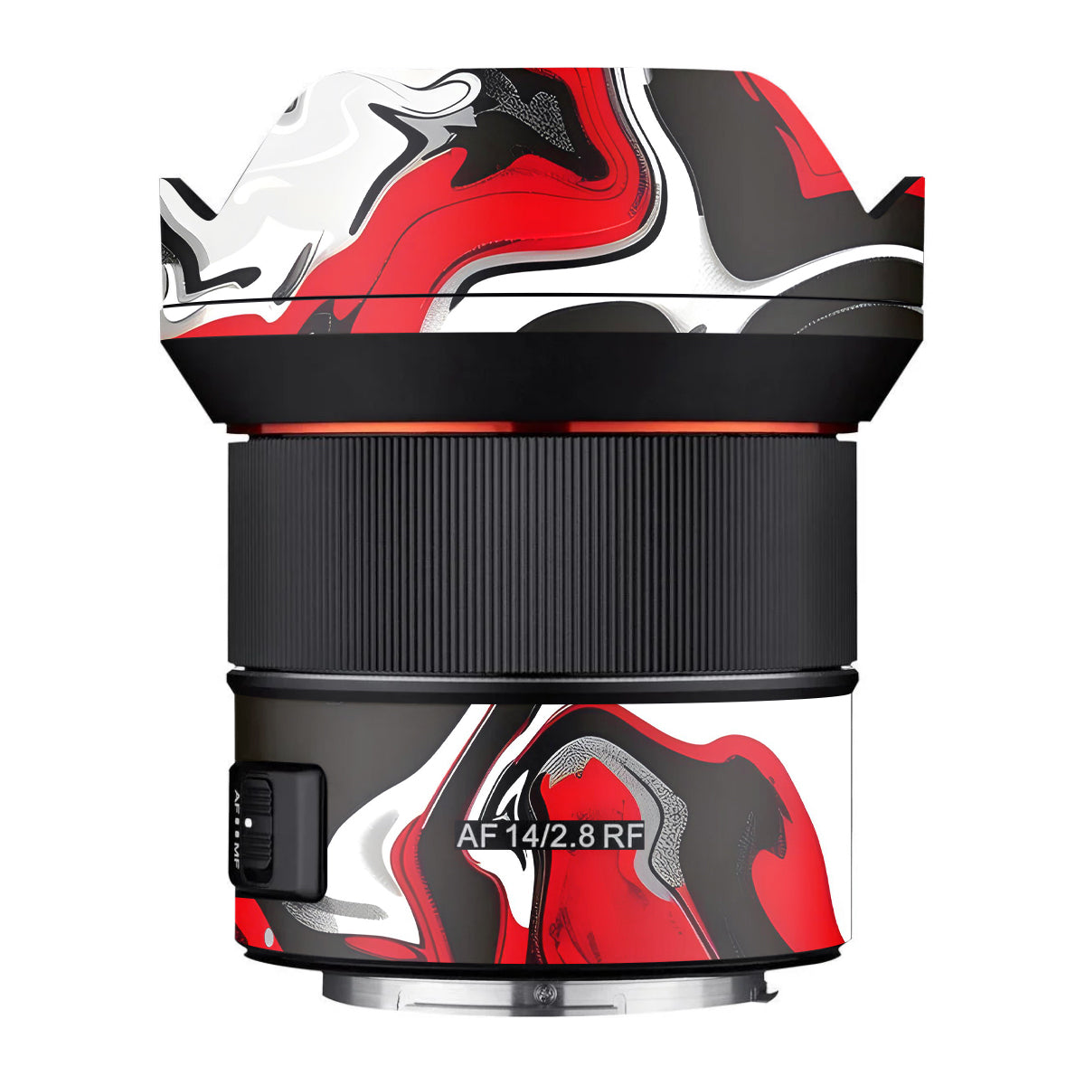Scarlet and White Motion Samyang AF 14mm F/2.8 RF Camera Lens Skin