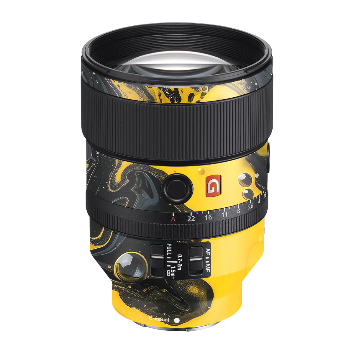 Yellow and Black Paint Swirls Sony FE 135mm F/1.8 GM Camera Lens Skin