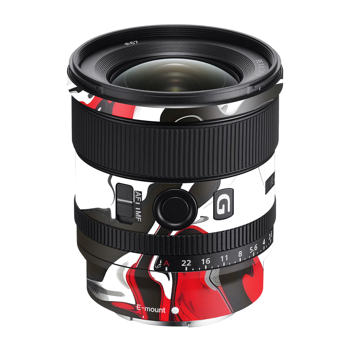 Scarlet and White Motion Sony FE 20mm F/1.8 G Camera Lens Skin