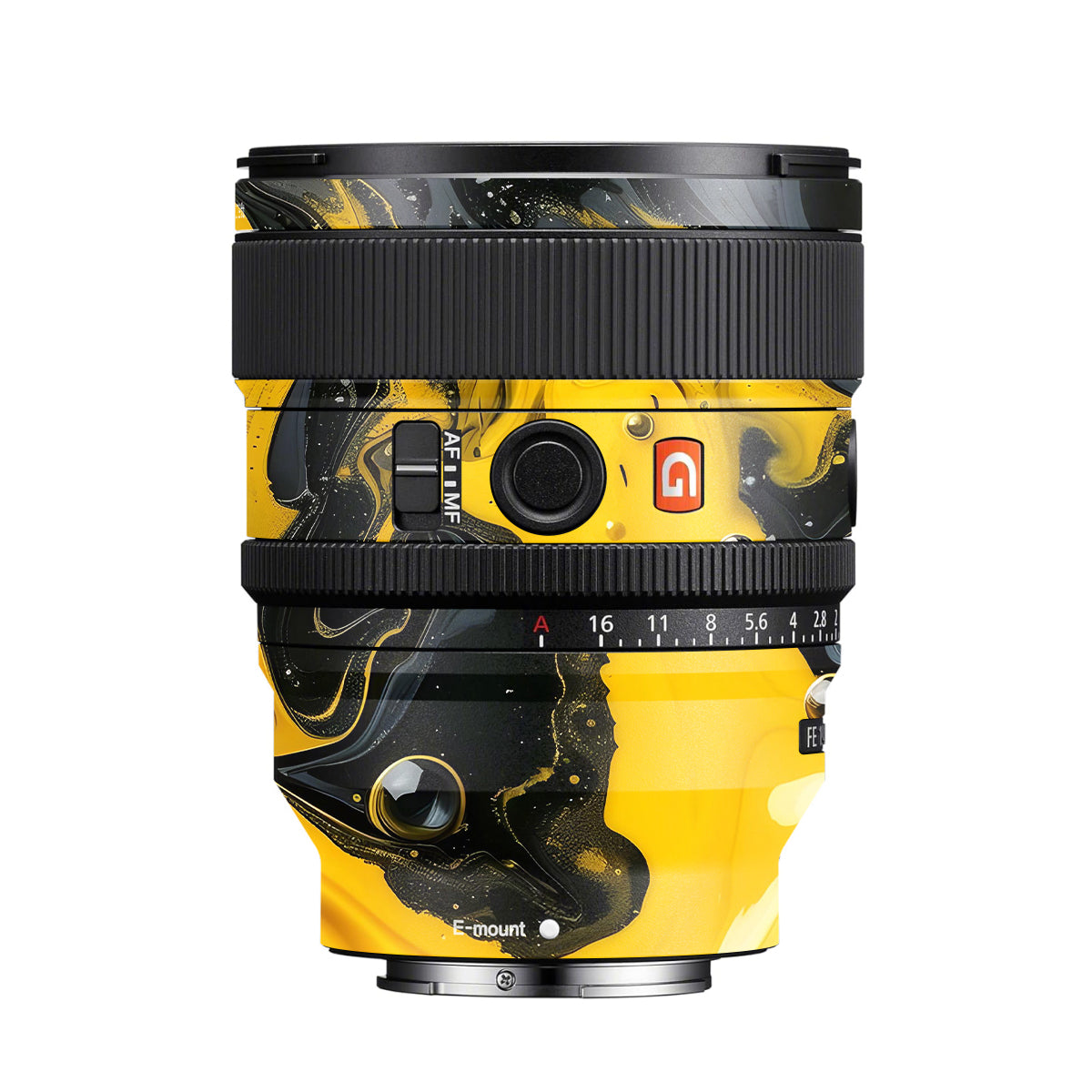 Yellow and Black Paint Swirls Sony FE 50mm F/1.2 GM Camera Lens Skin