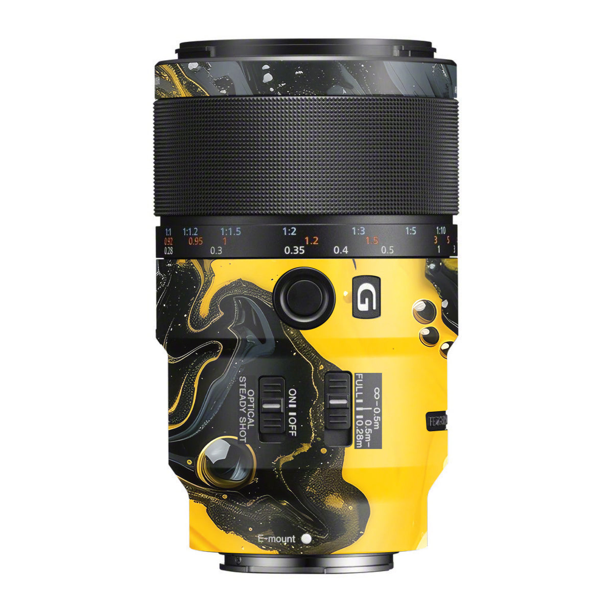 Yellow and Black Paint Swirls Sony FE 90mm F/2.8 Macro OSS Camera Lens Skin