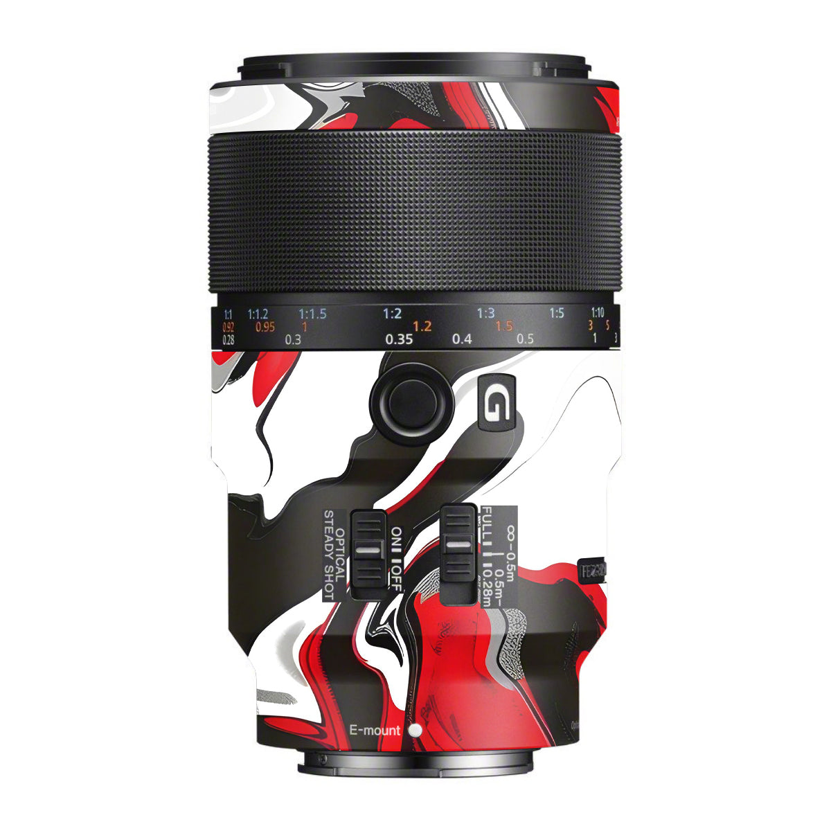 Scarlet and White Motion Sony FE 90mm F/2.8 Macro OSS Camera Lens Skin