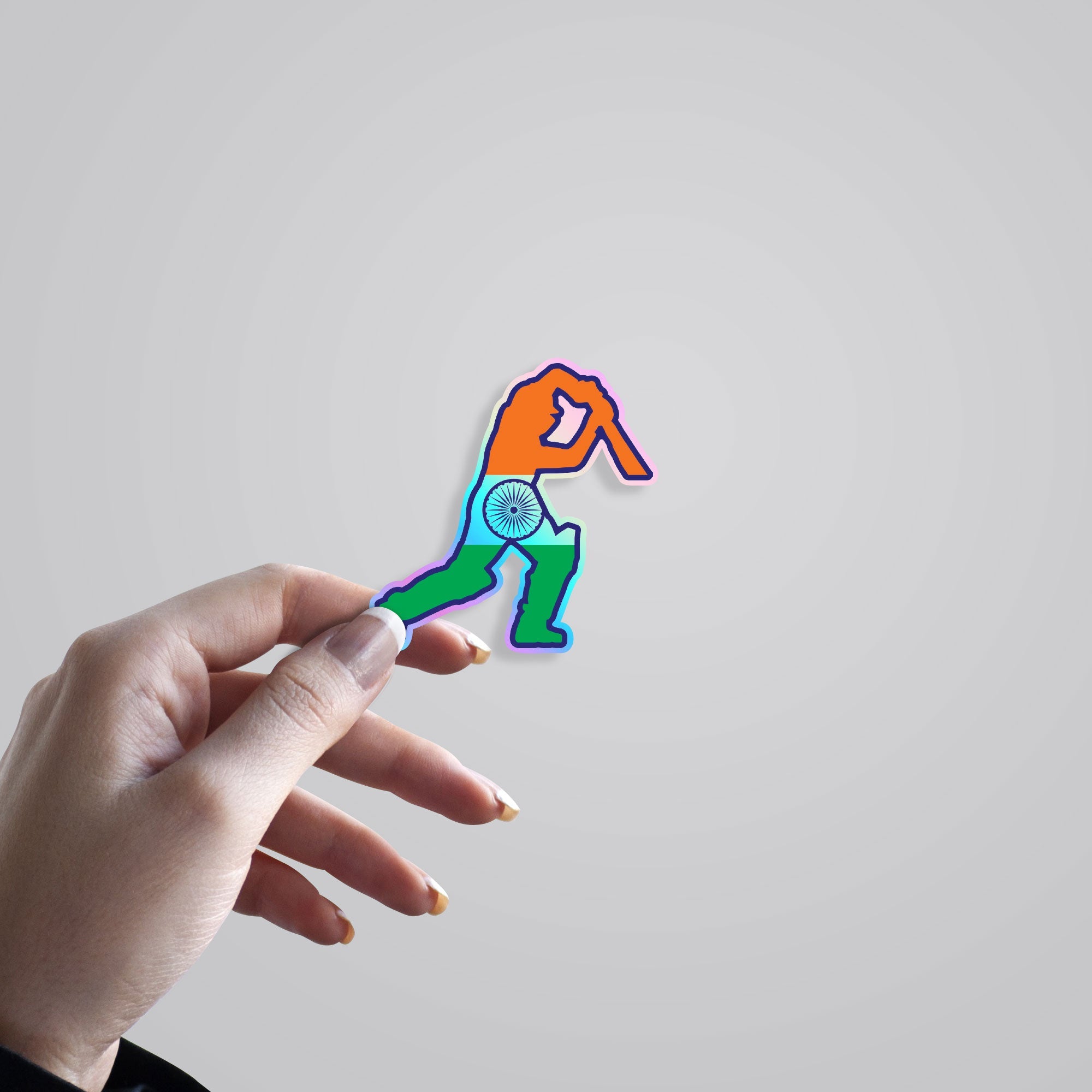 Cricket Player in Indian Flag Holographic Stickers