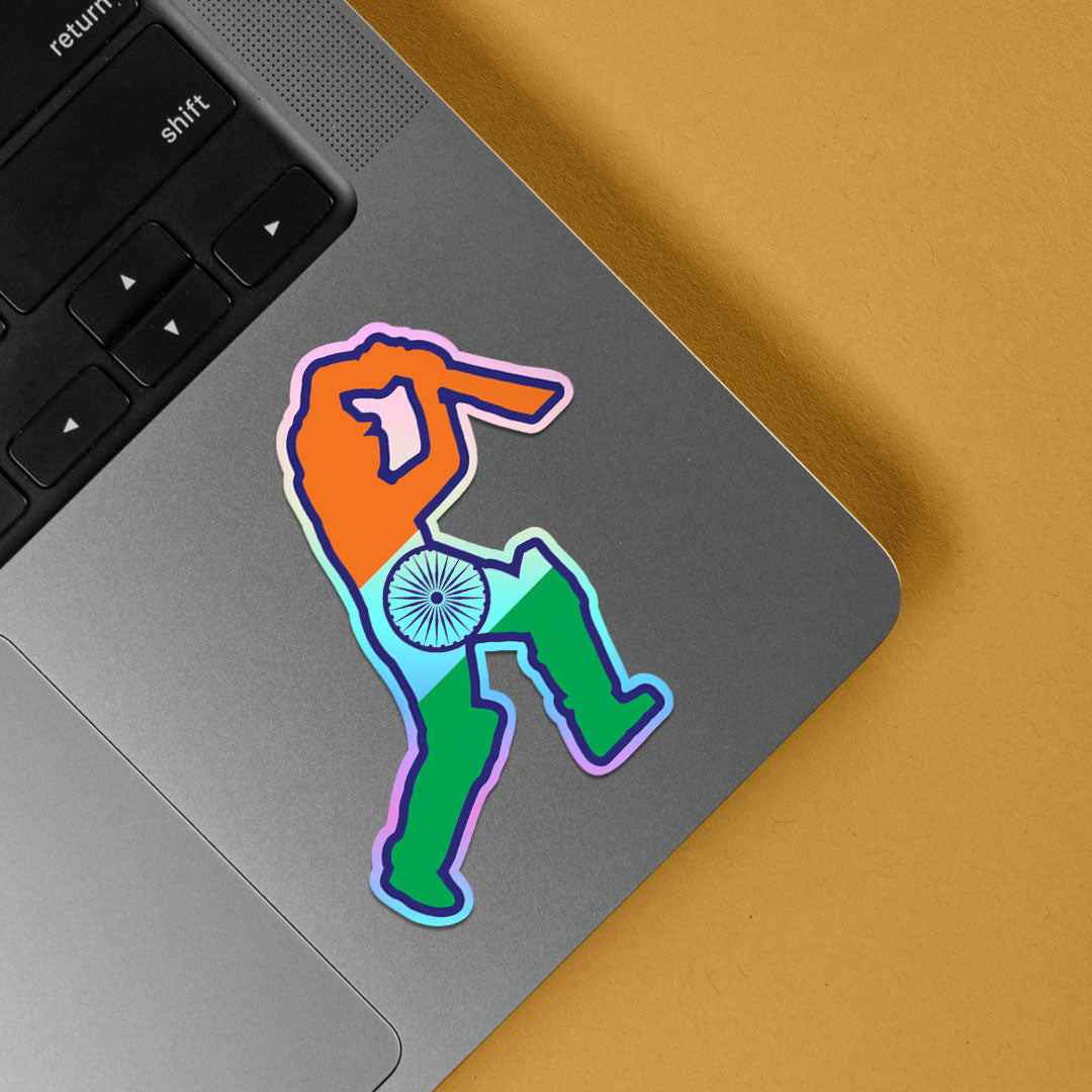 Cricket Player in Indian Flag Holographic Stickers