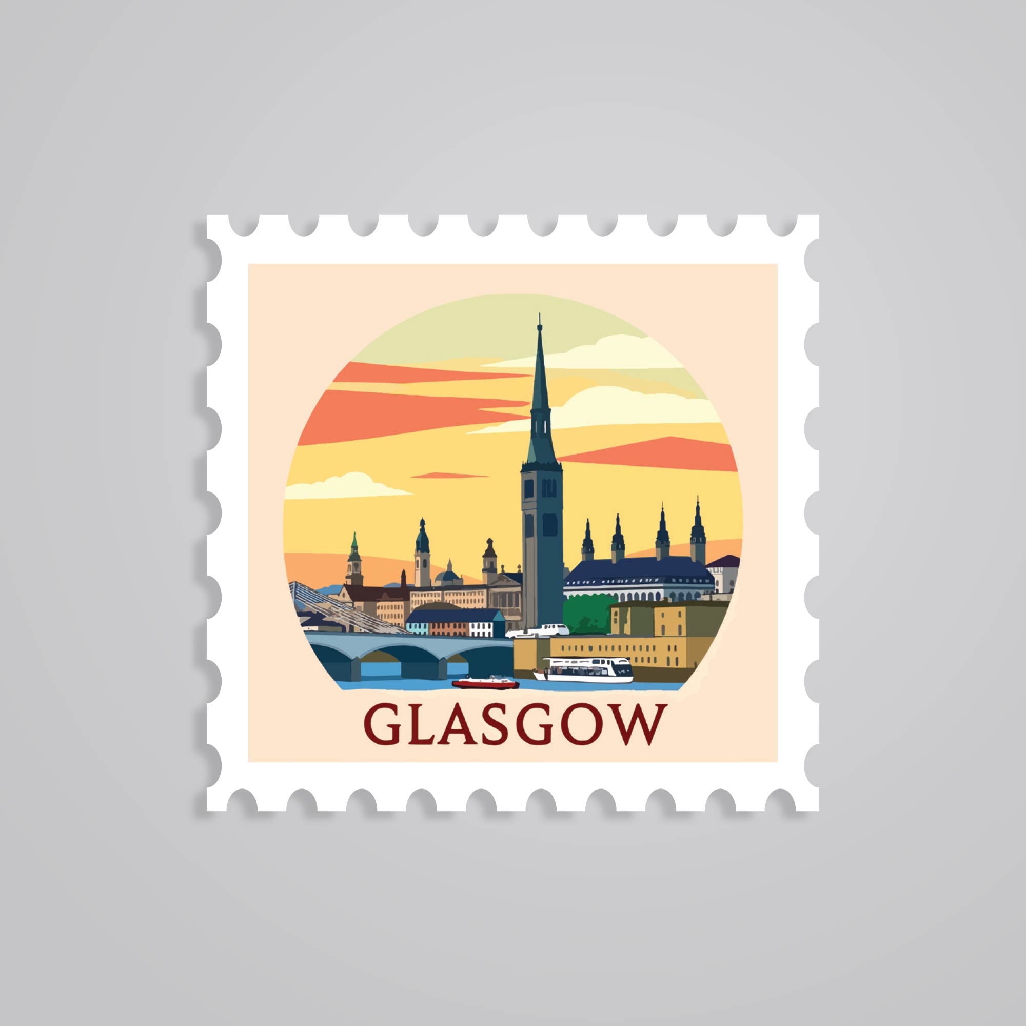 Fomo Store Stickers Travels Glasgow Sunset Skyline Post Stamp